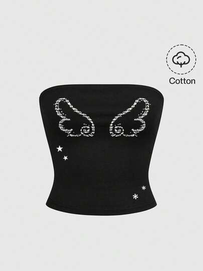 Kawaii Canotta in cotone nero con emoticon carini, stile coreano con cuore, ali e stelle, in stile Y2K