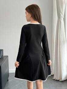 SHEIN Tween Girl Black Waist Cinched Dress With Cute Contrast Ruffle, Fashionable Versatile Casual & Elegant - Black - View 2