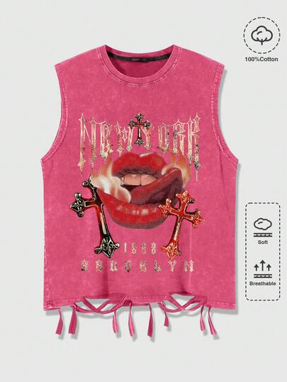 Street Life Plus Size Women's Street Style Acid-Washed Sleeveless Top, Suitable For Everyday Wear, Spring/Summer