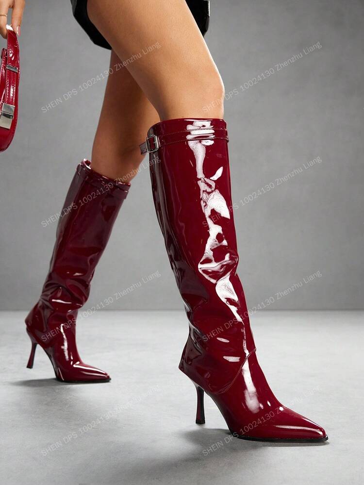 CUCCOO SZL Women's Pointed Toe Slim Heel Knee-High Boots With Side Zipper And Decorative Buckle, PU Material For Christmas