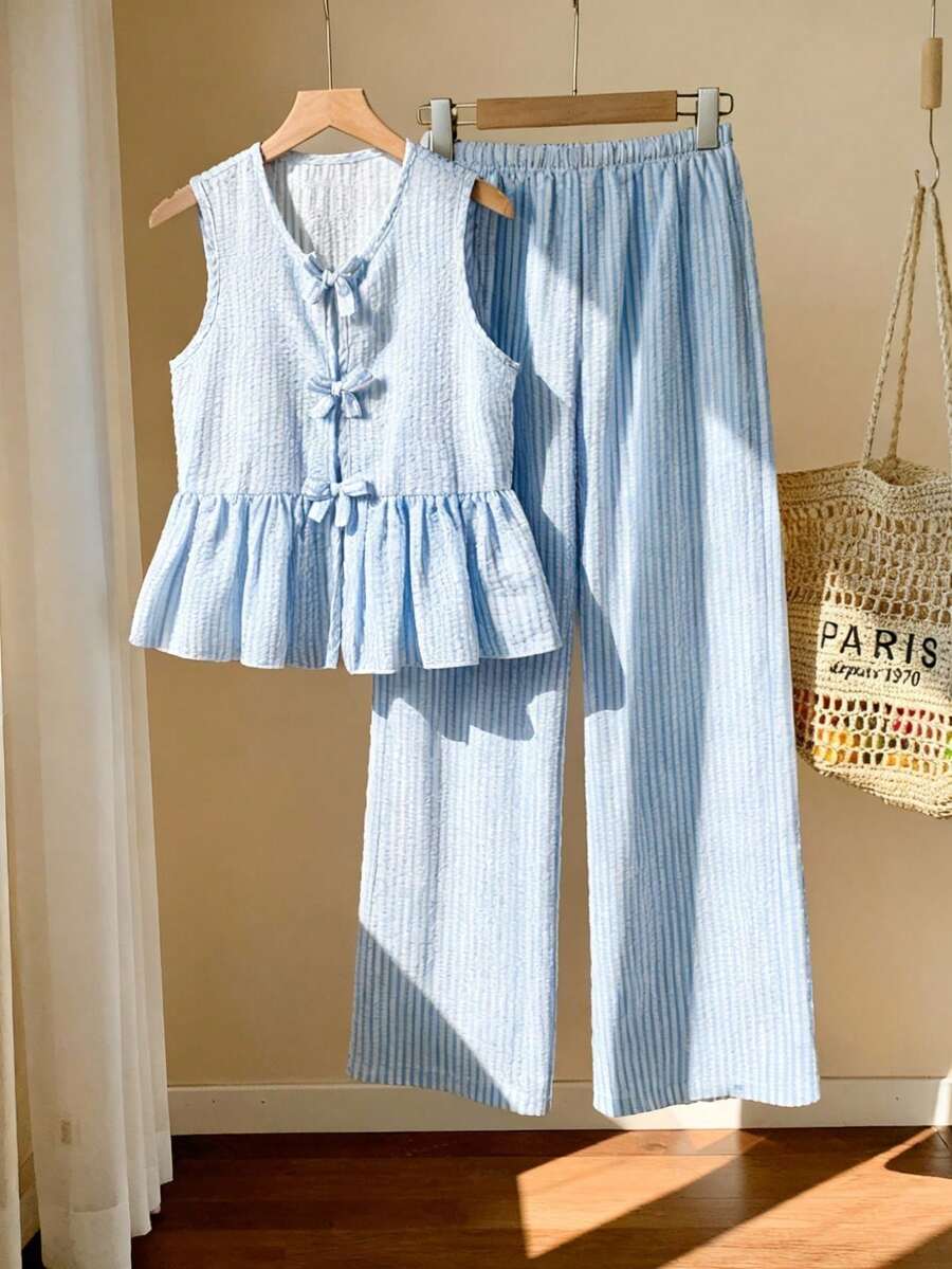 SHEIN 2pcs Tween Girls Sleeveless Shirt With Bow Button And Elongated Pants Set