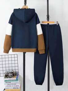 Vacaura 2件套青少年（男童）休闲学院风拼接连帽衫和运动裤套装，秋冬季 - 彩色 - 查看 2