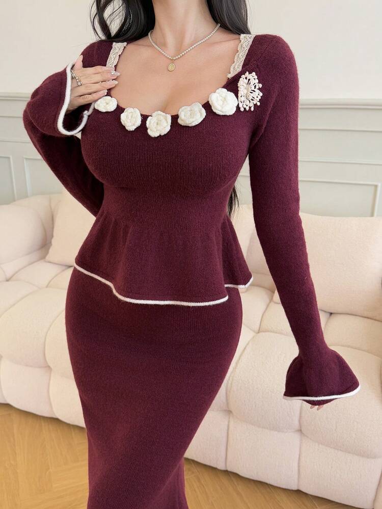 Women's Elegant Contrast Color Patchwork 3D Floral Ruffle Hem Sweater & Skirt 2 Pieces Set, Autumn/Christmas