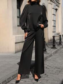 Franclia Women's Satin Texture Long Sleeve Set: Elegant Satin Backless Tie Design Long Sleeve Top And Wide Leg Straight Pants, Chic And Versatile Commuter Suit, Autumn Luxurious Minimalist Black Long Sleeve Two Pieces Set, Graceful Mature Style, Early Autumn Blouse And Pants Set - Black - View 3