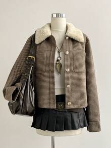 Sweetra Women's Halloween Costume New Style, Suitable For New Year Party, Commute, Daily, Travel, Vacation, Brown Jacket With Lapel, Shearling Patchwork, Houndstooth Short Jacket, Spring, Autumn, Winter