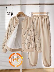 Boys' Casual Hoodie Jacket & Pants Set, Fashion Varsity Style, Brown Long Sleeve Fleece Hoodie With Button Closure, Ribbed Hem & Cuffs, Brown Pants With Side Letter Print, Suitable For Autumn/Winter Outings, Shopping, Commuting, Vacation - Brown - View 1