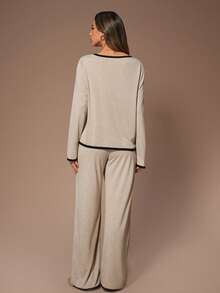 Lazeform American Casual V-Neck Long Sleeve Contrast Trim Top & Wide Leg Pants Women Lounge Wear Set Two Pieces Sleepwear Set , Fall & Winter Clothes