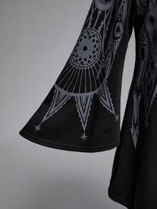 ROMWE EDITION Plus Size Vintage Gothic Church Cross Print Hooded Cinched Waist A-Line Mid-Length Coat - Black - View 7