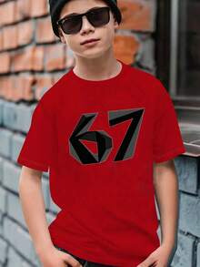 青少年男童休闲时尚创意个性化清新简约67号图案印花基础款短袖T恤，舒适温暖的秋季款式，适合夏季和秋季穿着，上衣 - 紅色 - 查看 3