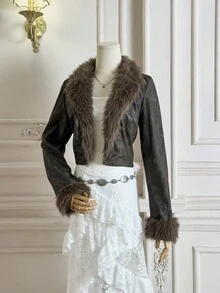 SHEIN MOD Brown PU Patchwork Fuzzy Cropped Jacket,Winter Women Coat,Warm Clothes,Leather Jacket,New Years Eve Outfit,Holiday Outfits, New Year - Brown - View 2