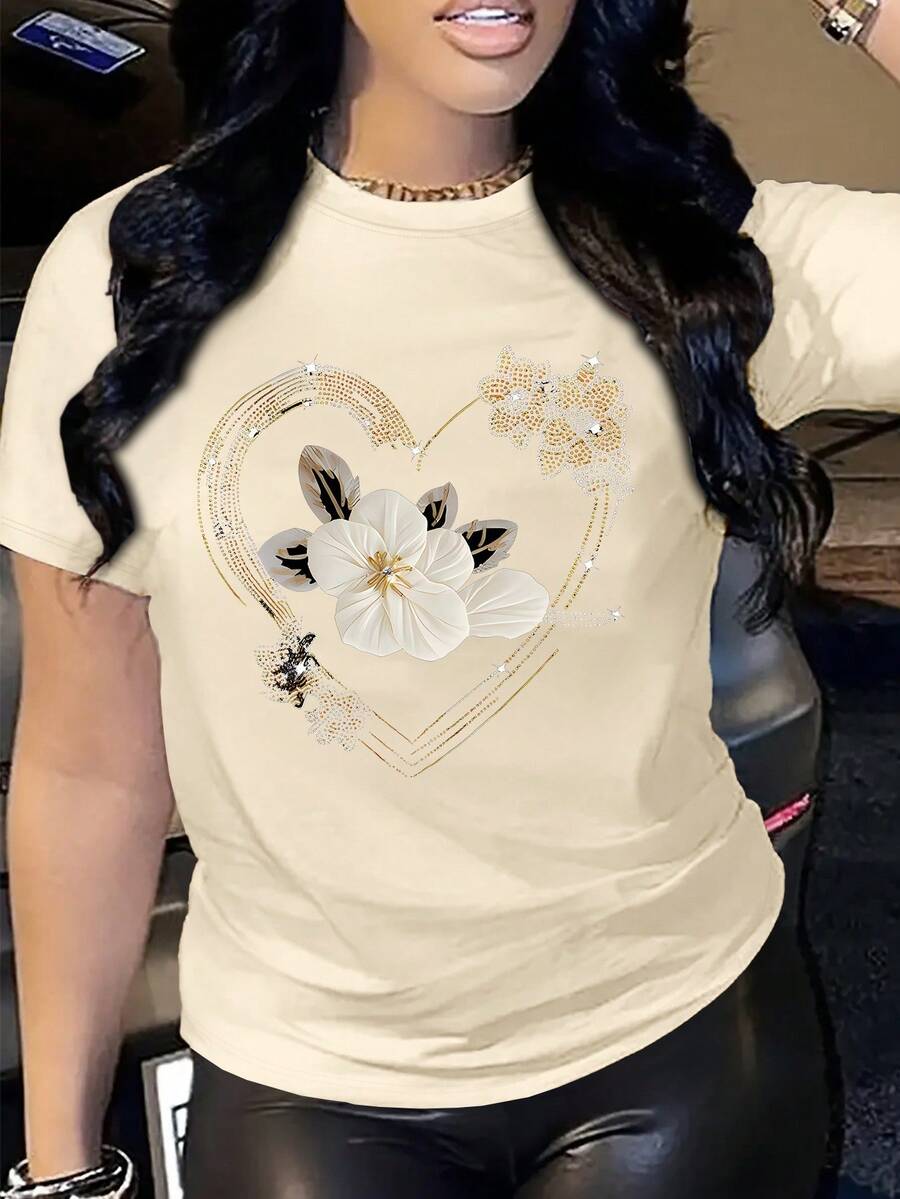Women's Casual Floral Print Rhinestone Decor Short Sleeve Round Neck T-Shirt, Suitable For Daily Commute In Summer - Khaki - View 1