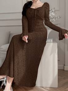 Feyla Váy midi ren dài tay thanh lịch dành cho nữ Váy dạ hội dài - Cà phê nâu - Xem 6