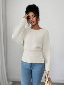 Elenzga Women's New Autumn/Winter Single-Piece Design Batwing Sleeve High-End Buttoned Minimalist Knit Long Sleeve Top, Versatile Daily Wear - White - View 3