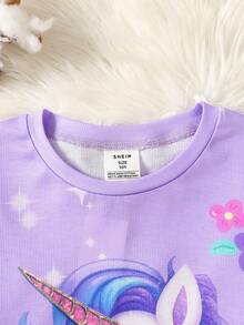 SHEIN 少女紧身休闲夜光卡通星星印花圆领长袖修身上衣和打底裤两件套家居服套装，紫色 - 淡紫色 - 查看 5