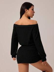 SHEIN PETITE 时尚性感露肩黑色迷你连衣裙 - 黑色 - 查看 2