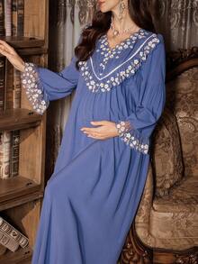 PalaceNights Cămașă de noapte pentru gravide, stil vintage Palace, cu dantelă brodată, iarnă