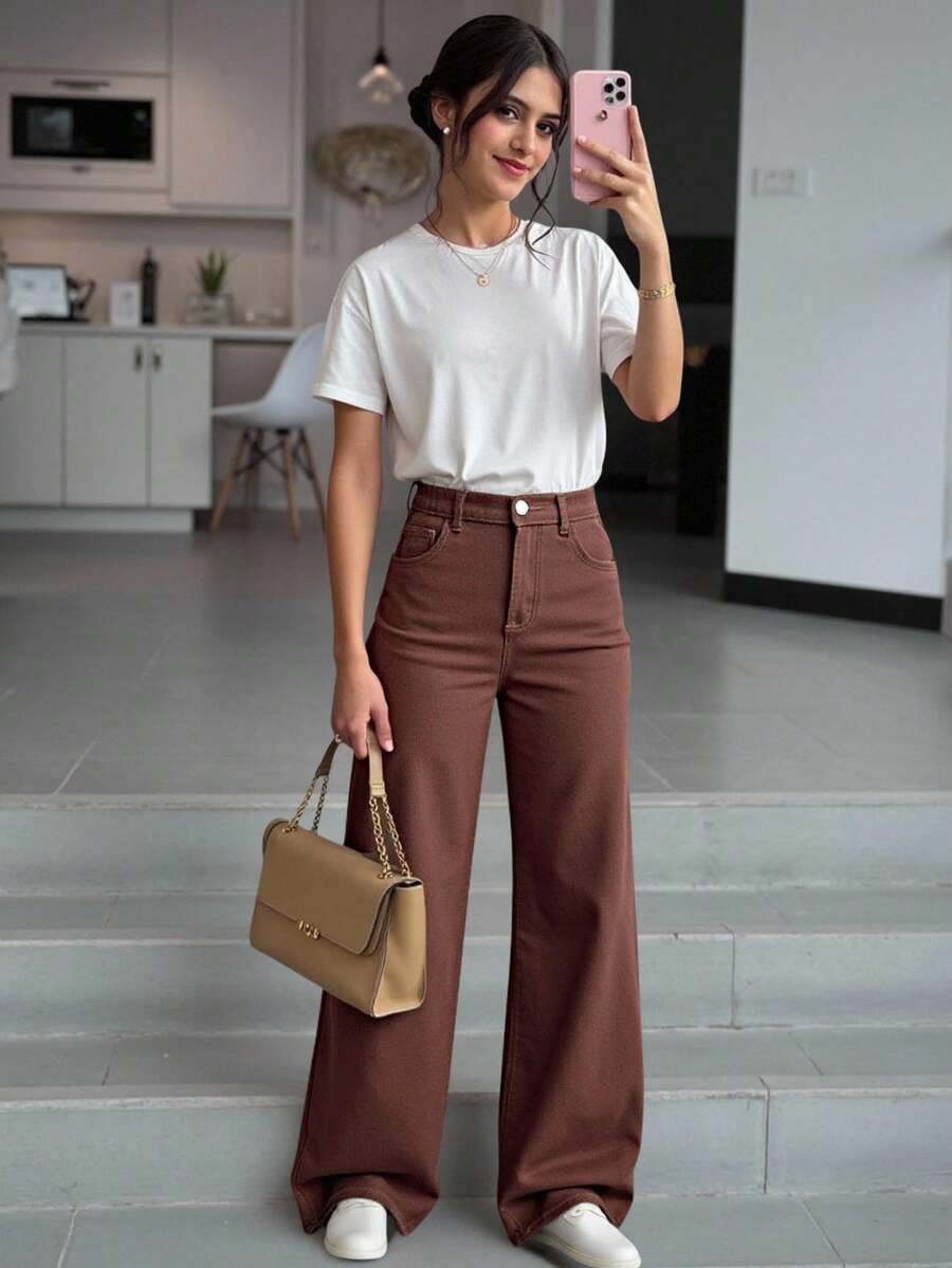 Quần jeans ống rộng dáng rộng cho bé gái tuổi teen, phong cách Y2K, chất liệu cotton thoải mái, thích hợp mặc hàng ngày, đi học và đi làm, có sẵn trong mọi mùa - Cà phê nâu - Xem 1