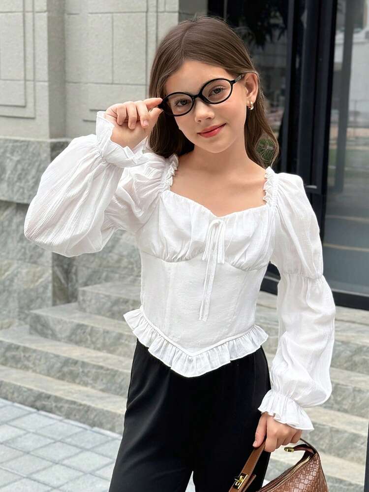 SHEIN Girlism Blusa corta con scollo quadrato, maniche a palloncino e spalle scoperte, versatile e casual, per ragazze pre-adolescenti, nuova collezione primavera/estate - Bianco - Visualizzare 4