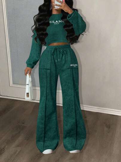 Slaydiva Suéter holgado de manga larga con cuello redondo y hombros caídos + pantalones rectos de pierna ancha con bolsillos, estilo básico y casual para deportes diarios y citas, nueva colección otoño-invierno 2025