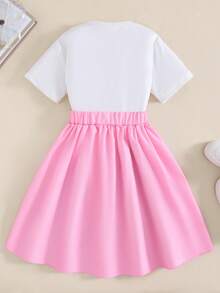 Casuvi Kids 1 Set Girls Sweet & Cute White Short Letter Print T-Shirt (With Pink Bow Decor), Paired With Pink Multi-Bow Decorated Skirt, Regular Thickness, Outfit For Daily Wear, Summer - Pink - View 2