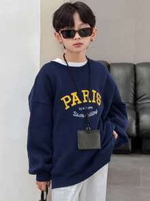 DAZY Tween Boy Letter Embroidery Round Neck Drop Shoulder Long Sleeve Casual Loose Sweatshirt, Autumn/Winter - Navy Blue - View 6