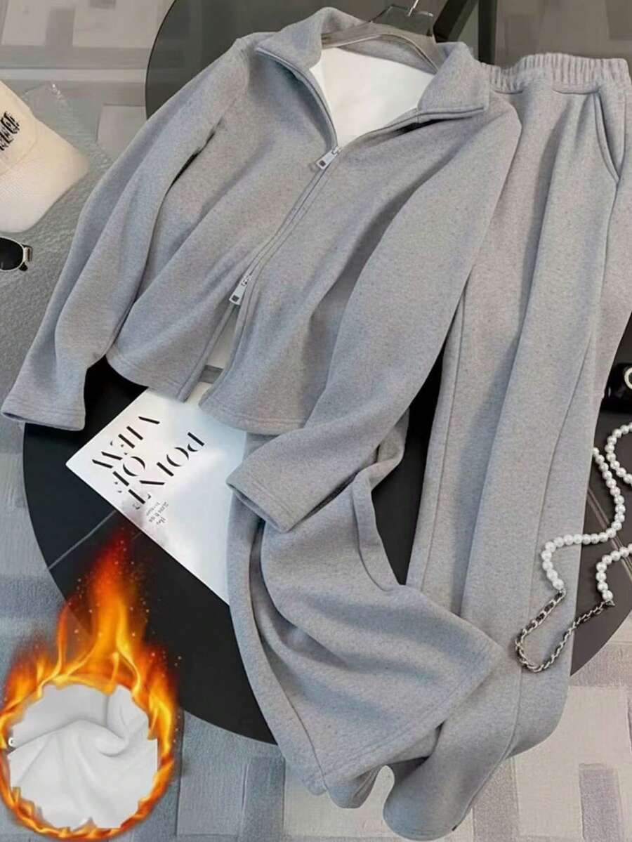 Franclia Bộ đồ thể thao thường ngày mới thu đông 2025 dành cho nữ, áo hoodie lông cừu đơn giản thời trang có khóa kéo và quần ống rộng 2 món - Xám - Xem 1