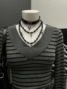 StreetHx 女士休闲条纹V领长袖短裙 - 灰色 - 查看 6