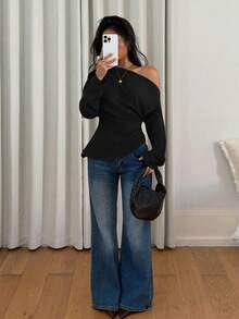 Siren Gaze Women's Black Ruched Shoulder Long Sleeve Fitted Blouse Casual Spring - Black - View 4