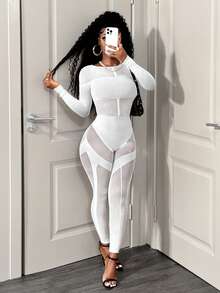 BamGleam Women's Sexy Hollow Out Mesh Long Sleeve Jumpsuit - White - View 1