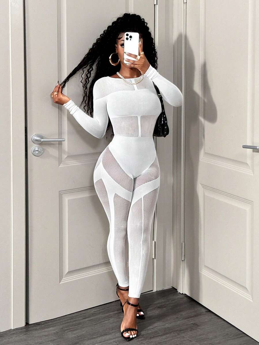 BamGleam Women's Sexy Hollow Out Mesh Long Sleeve Jumpsuit - White - View 1