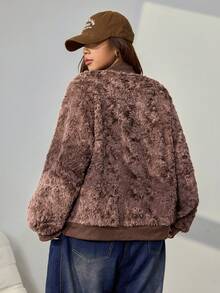 SHEIN EZwear 复古拼色蓬松厚款休闲大码棒球夹克外套，秋冬 - 棕色 - 查看 3