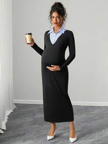 SHEIN 孕妇蓝白格子衬衫领开襟开衩下摆优雅连衣裙，秋冬款 - 黑色 - 查看 5