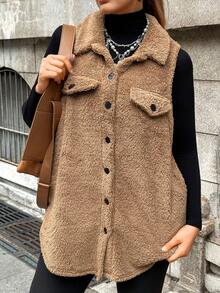 Muchica Plus Size Solid Color Fuzzy Front Button Sleeveless Jacket, Autumn/Winter - Khaki - View 6