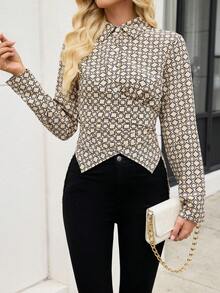 SHEIN LUNE Women's Elegant Lapel Long-Sleeve Waist-Cinched Printed Shirt,Beige Autumn Office Fashion,Versatile Urban Slim Fit Figure Reshaping Blouse - Apricot - View 3