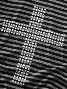 ROMWE MEN Goth Men's Striped Rivet Cross Slim Fit Long Sleeve T-Shirt - Black and White - View 4