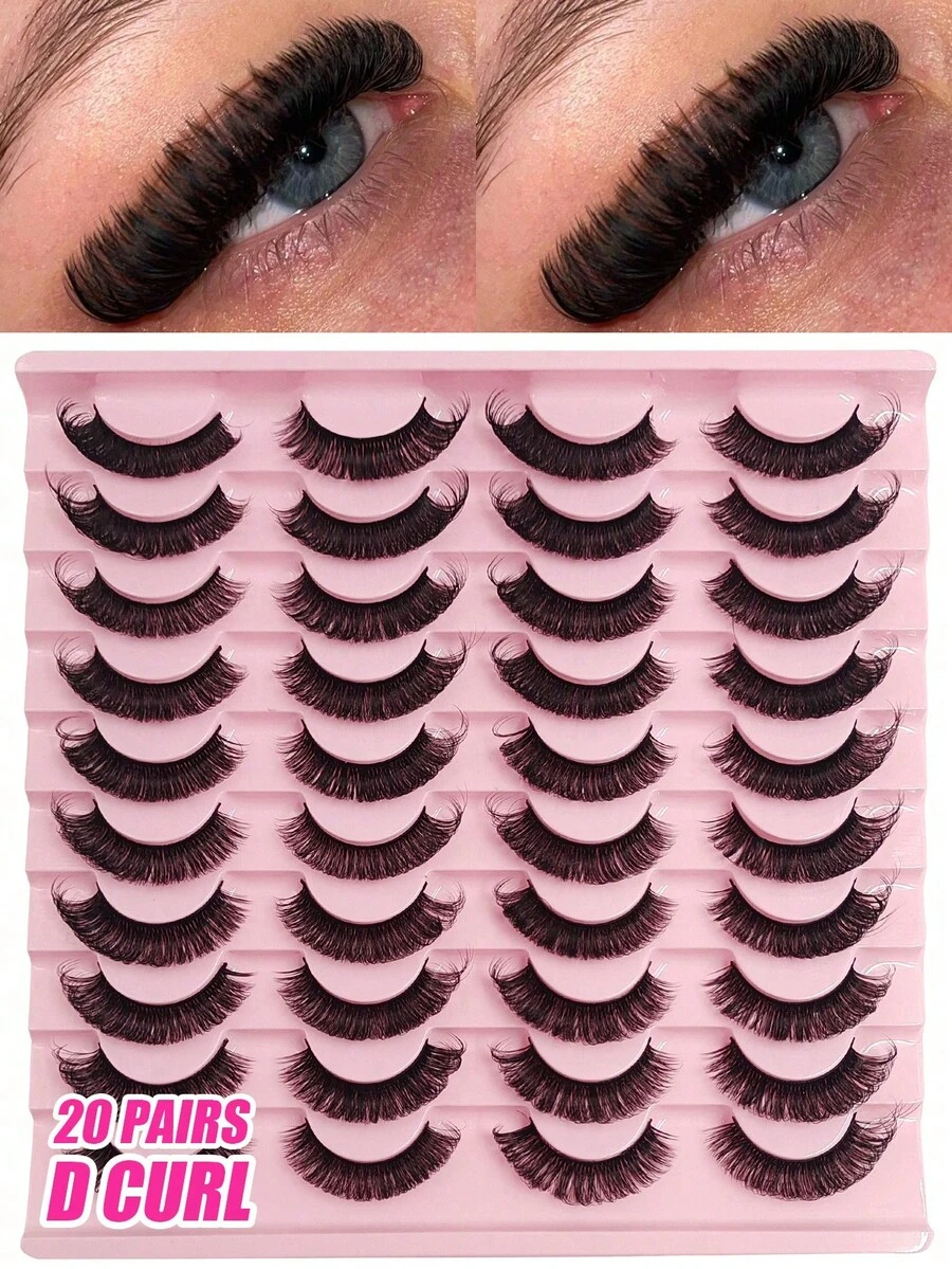 20Pairs D Curl Full Strip Lashes Fluffy Thick Fake Eyelashes Reusable Faux Mink Lashes Strip Lashes,Lashes,Eyelashes,Fake Lashes - Black - Natural Slender - View 1
