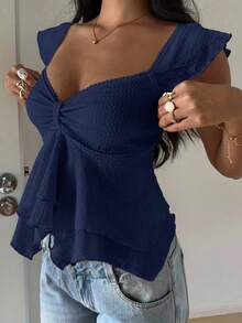 SHEIN EZwear 女士纹理针织荷叶边下摆甜心领短袖优雅T恤，锐舞上衣 - 藏蓝色 - 查看 5