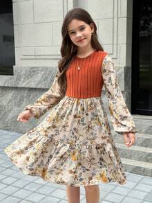 SHEIN NovaGlow Tween Girl Tween Girls Crew Neck Kaki Knit Patchwork Ditsy Floral Dress - màu nâu - Xem 4