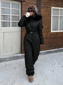SHEIN EZwear White Fuzzy Hat & Thick Jumpsuit For Women, Suitable For Playing In Snow In Autumn/Winter,Fall,Fall Clothes For Women - Black - View 4