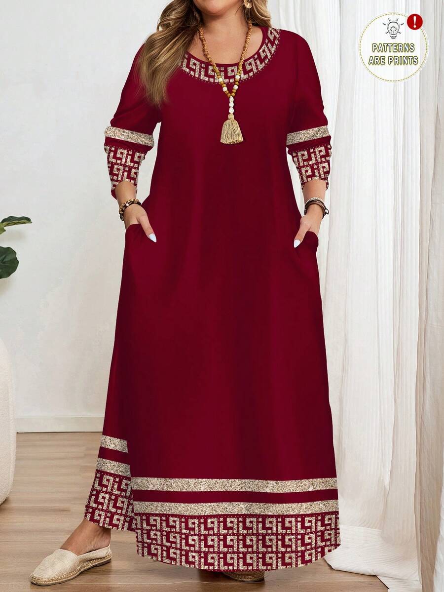 EMERY ROSE Casual Classic Geometric Print Plus Size Long Sleeve Crew Neck Dress, Suitable For Autumn/Winter New Year Party - Multicolor - View 1