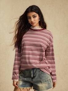 Easelle Casual Vintage Pink Striped Knit Women T-Shirt Top Summer For Women Round Neck Long Sleeved Comfortable - Multicolor - View 1