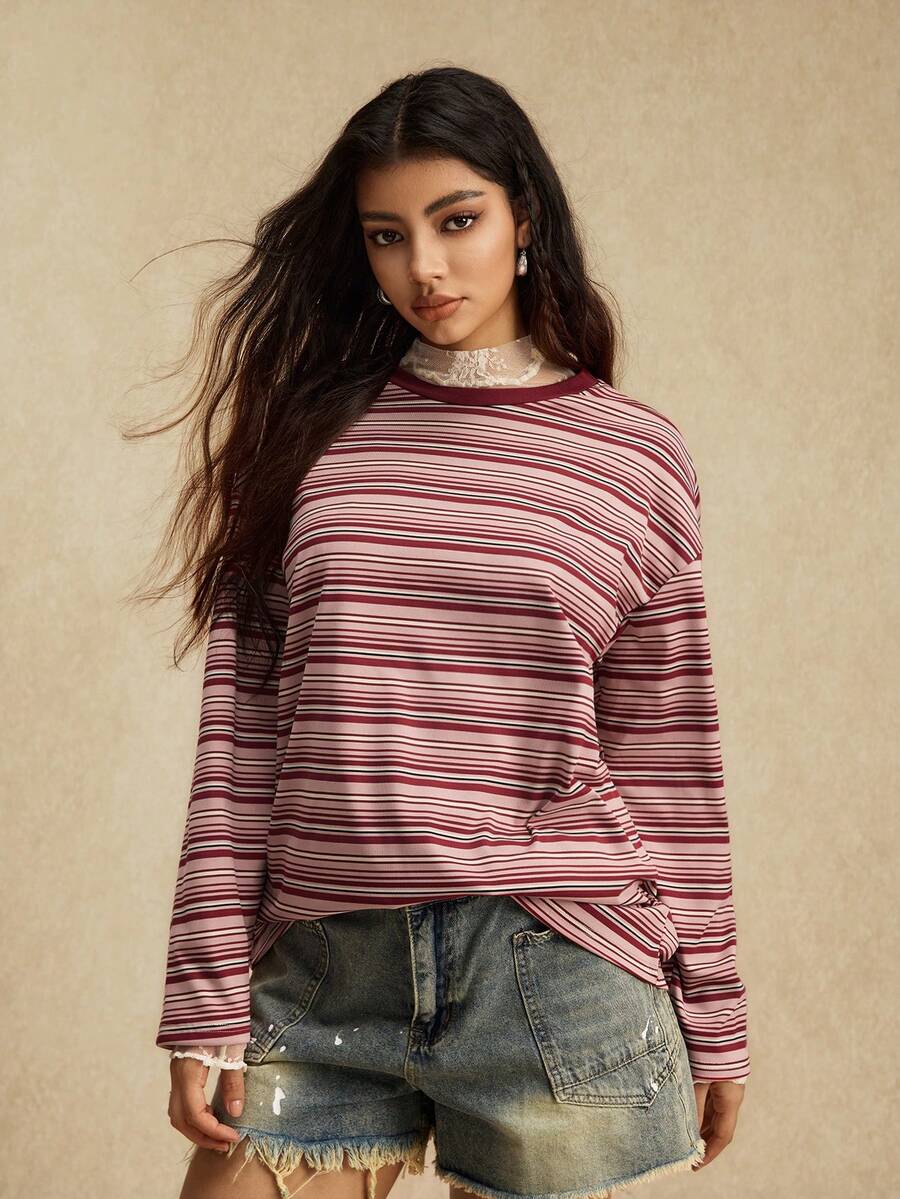 Easelle Casual Vintage Pink Striped Knit Women T-Shirt Top Summer For Women Round Neck Long Sleeved Comfortable - Multicolor - View 1