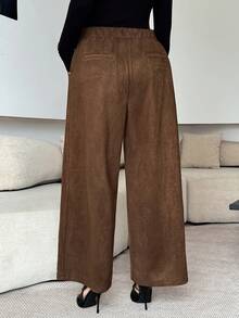 Modelyn Plus Size Solid Color Fold Pleated Pocket Casual Wide Leg Pants - Brown - View 2