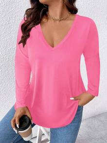 EMERY ROSE Plus Size Solid V-Neck Long Sleeve Casual T-Shirt For Spring - Coral Pink - View 4