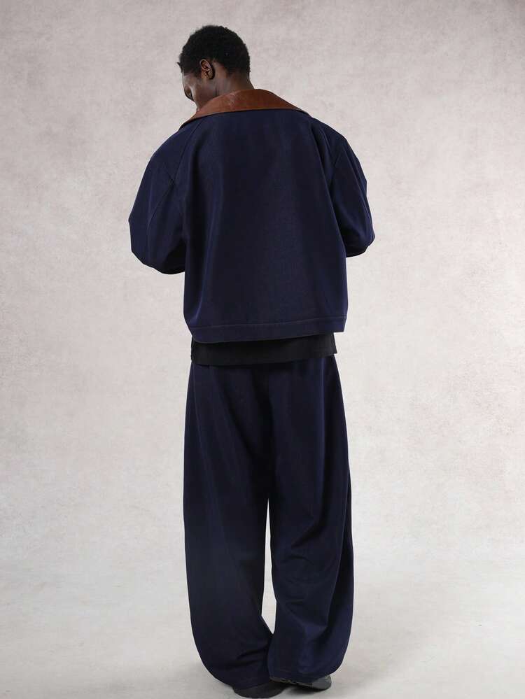 Navy Blue Patchwork Contrast Collar Pocket Woven Smooth Fabric Shirt & Pants Set For Men, Autumn