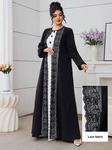 Al Najma 黑白撞色蕾丝边拼接长袖宽松睡袍