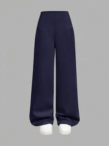 SHEIN Tween Girls Casual Fashionable Comfortable High Waist Wide Leg Straight Trousers, Suitable For Dailywear Navy Blue Pants Navy Pants Girls Pants Wide Leg,Kids Clothes Girls,Tween Girl Pants Long Pants Wide Leg Pants - Navy Blue - View 2