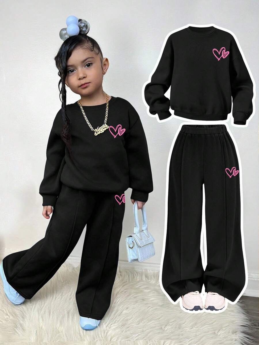 Set de bluză cu mânecă lungă și pantaloni de trening cu imprimeu floral pentru bebeluși, fete, casual, cu imprimeu floral, culoare solidă, lejeră, cu umeri căzuți, cu mânecă lungă, și pantaloni de trening cu picior larg - Negru - Vizualizare 1