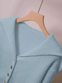 Franclia 2 件套女士休闲纯色针织毛衣套装，有领纽扣开衫和前蝴蝶结口袋针织裤 - 藍色 - 查看 3