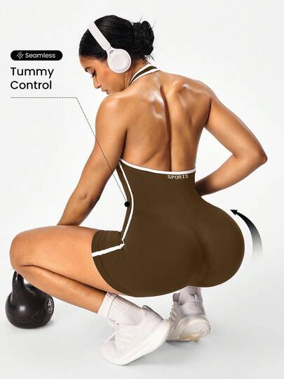 Seamluxe SHEIN Sport Mono sin costuras de unicolor con cuello halter y espalda descubierta para mujer